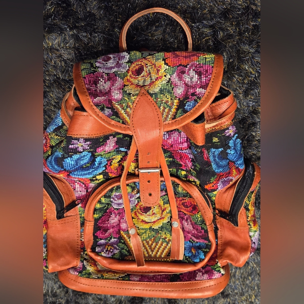 Colorful Floral Embroidered Backpack with Leather Trim
